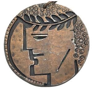 Vtg Rebajes Necklace Pendant Signed Copper Modernist MCM Caesar Face Rare 61